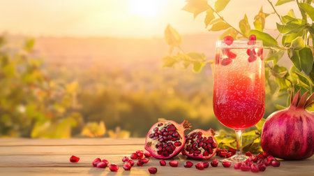 A vibrant pomegranate beverage served in a glass, adorned with fresh pomegranate seeds and surrounded by ripe fruit, set against a stunning sunset backdrop.の素材