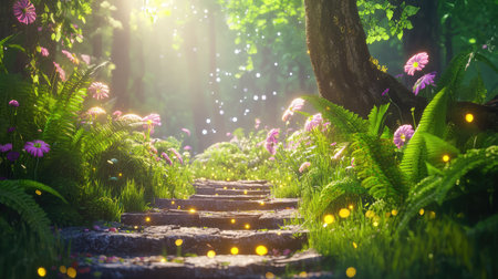 A picturesque forest pathway bathed in soft sunlight, surrounded by blooming flowers and lush greenery, creating a tranquil and magical atmosphere.の素材