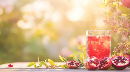 A vibrant glass of refreshing pomegranate juice is elegantly displayed against a soft, glowing background, accompanied by fresh pomegranate halves, emphasizing a healthy lifestyle.の素材