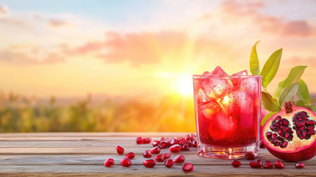A chilled pomegranate drink served in a glass filled with ice, positioned on a wooden table with a stunning sunset backdrop, perfect for summer refreshment.の素材
