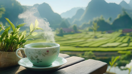 A captivating cup of steaming green tea sits on a rustic wooden table, surrounded by stunning rice terraces and lush greenery, evoking peace and tranquility.の素材