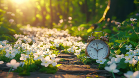 A vintage clock rests on a scenic forest path adorned with blooming flowers, illuminated by soft sunlight. This tranquil setting evokes serenity and renewal.の素材
