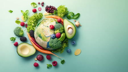 A visually appealing composition featuring a globe made of fresh fruits and vegetables. This artwork represents healthy eating, sustainability, and nutrition.の素材