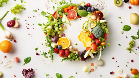 A vibrant display of fresh fruits and vegetables arranged artistically on a light surface, symbolizing health, wellness, and nutrition. Perfect for various culinary concepts.の素材