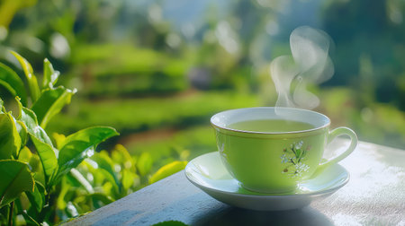 A beautiful cup of freshly brewed green tea sits elegantly on a wooden surface, surrounded by vibrant green foliage. Steam rises gently, creating an inviting atmosphere that promotes relaxation and wellness. This image captures a peaceful morning moment in nature, perfect for showcasing the joys of tea.の素材