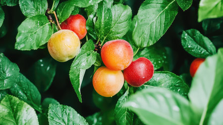 This close-up image features fresh ripe plums hanging on a tree, surrounded by lush green leaves with water droplets that add a refreshing touch.の素材