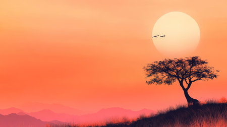 A peaceful sunset landscape featuring a silhouette tree against a warm colored sky. Birds fly high above mountains, creating a serene atmosphere perfect for relaxation.の素材