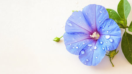 This stunning image captures a single blue flower adorned with shimmering water droplets on its delicate petals. The vibrant colors and soft background create a serene and peaceful atmosphere, ideal for nature and beauty themes.の素材