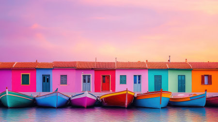 A serene coastal scene featuring colorful houses and boats reflected on calm waters during sunset, evoking a peaceful and vibrant atmosphere.の素材