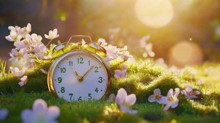 A vintage alarm clock rests on a bed of soft green moss, surrounded by delicate pink flowers, capturing the essence of morning tranquility and beauty.の素材