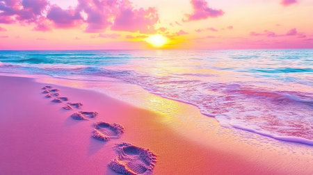 A beautiful beach scene showcasing a serene sunset with gentle waves lapping at the shore. Footprints in the sand invite peaceful reflection in a colorful sky.の素材