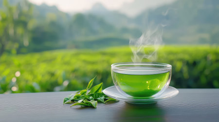 A serene scene featuring a freshly brewed green tea in a transparent glass cup, exuding steam. Surrounded by lush tea fields under a bright sky, this image captures tranquility and nature's beauty, ideal for wellness themes.の素材