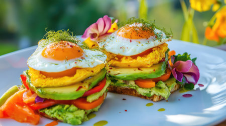 A beautiful breakfast plate featuring two eggs on avocado toast with colorful vegetables. Edible flowers add a touch of elegance to this healthy gourmet meal.の素材