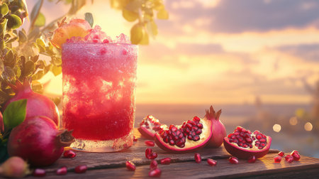 A captivating image of a refreshing pomegranate cocktail served on ice, adorned with a citrus slice, set against a stunning sunset backdrop. Enjoy the vibrant colors and natural beauty.の素材
