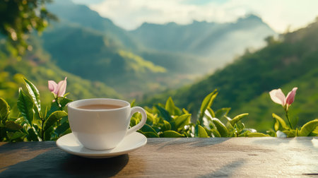 A tranquil scene featuring a cup of warm coffee placed on a wooden table, surrounded by vibrant green hills and beautiful flowers. Perfect for relaxation.の素材