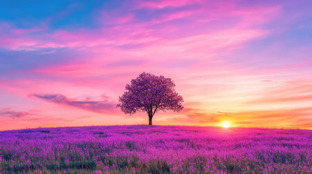 A breathtaking view of a single tree standing tall amidst a vibrant lavender field at sunset, showcasing a beautiful blend of colors in the sky.の素材