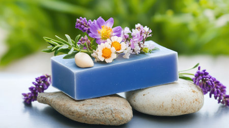 This stunning handcrafted blue soap adorned with lavender and wildflowers sits atop smooth natural stones, evoking tranquility and relaxation, ideal for wellness themes.の素材