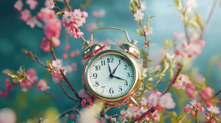 A charming vintage alarm clock nestled among delicate cherry blossom petals, showcasing vibrant colors and a tranquil atmosphere perfect for spring-inspired designs.の素材