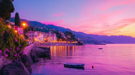 A breathtaking sunset illuminates a coastal village with vibrant pink and purple hues, casting reflections on calm waters and creating a serene atmosphere.の素材