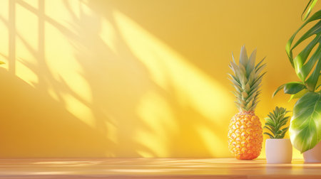 A vibrant pineapple and lush green plants are displayed against a cheerful yellow wall, creating a sunlit and inviting atmosphere in a modern room.の素材