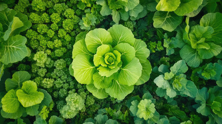 Aerial view of vibrant green cabbage surrounded by various leafy vegetables, showcasing the beauty of nature and healthy farming practices in agriculture.の素材