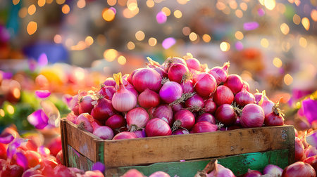 A vibrant scene featuring a wooden crate filled with fresh red onions, complemented by colorful blossoms in a market environment, enhanced by a soft bokeh effect.の素材