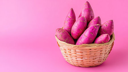 A basket filled with fresh sweet potatoes sits against a vibrant pink background, highlighting the colorful produce ideal for healthy food concepts.の素材