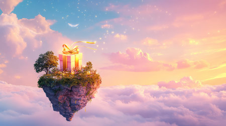A whimsical floating island features a beautifully wrapped gift box under a colorful sunset, surrounded by dreamy clouds, evoking feelings of magic and wonder.の素材