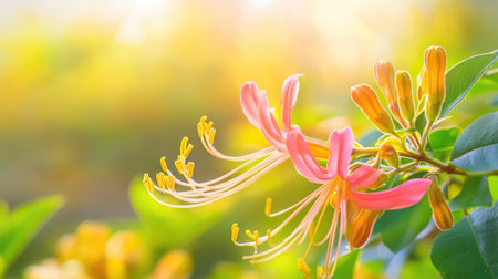 A stunning honeysuckle flower featured against a soft, sunlit background, capturing the essence of spring in a tranquil garden setting.の素材