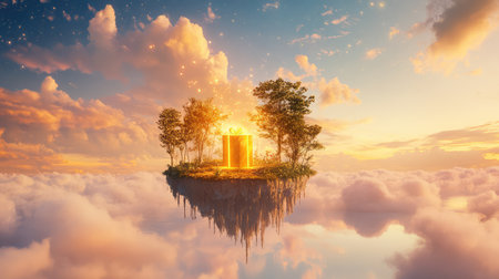 A captivating scene featuring a mystical floating island adorned with a glowing portal, surrounded by fluffy clouds and a mesmerizing sunset ambiance.の素材