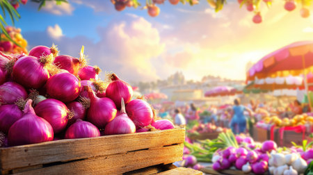 A beautifully captured scene of vibrant purple onions stacked in a wooden crate at a lively farmers market during sunset, showcasing fresh produce.の素材