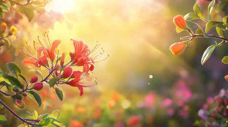 A stunning floral scene captures the beauty of honeysuckle in soft morning light, surrounded by a colorful array of blossoms in a dreamlike garden.の素材
