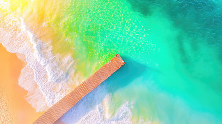 This stunning aerial photograph captures a wooden dock extending into vibrant turquoise and green waters, surrounded by soft sandy beach and waves.の素材