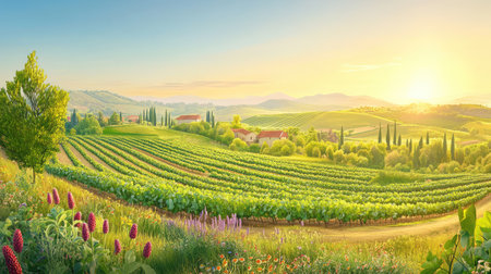 A breathtaking vineyard landscape at sunrise, featuring rolling hills, vibrant flowers, and lush greenery, showcasing the beauty of rural agriculture.の素材