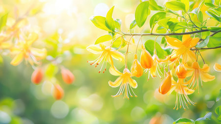 A stunning display of vibrant honeysuckle flowers captured in soft focus, illustrating the beauty of nature under the warm glow of sunlight.の素材