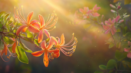 This stunning image captures vibrant honeysuckle flowers illuminated by soft morning light, creating a serene atmosphere with sparkling dust particles in the background.の素材