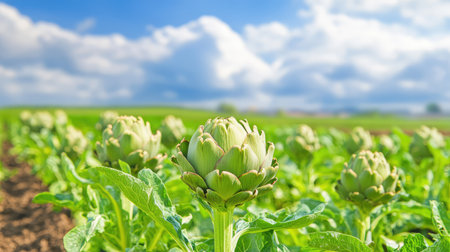 This image captures a vibrant field of artichokes growing in a sunny environment, showcasing the beauty of agriculture and nature in springtime.の素材