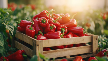 A colorful arrangement of freshly harvested red bell peppers fills a rustic wooden crate. Surrounded by lush green plants and illuminated by soft natural light, this image captures the essence of farm-fresh produce. Perfect for food lovers and culinary enthusiasts.の素材