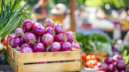 A vibrant display of fresh organic red onions in a rustic wooden crate, showcasing the rich colors and textures of a bustling farmers market.の素材