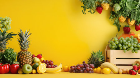 A vibrant arrangement of fresh fruits and vegetables showcased against a bright yellow background. This image captures the essence of healthy eating and organic produce. Perfect for food-related projects.の素材