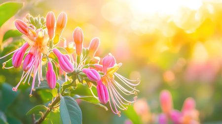A stunning close-up of pink flowers nestled among green leaves, illuminated by gentle sunlight, creating a peaceful and vibrant nature scene.の素材