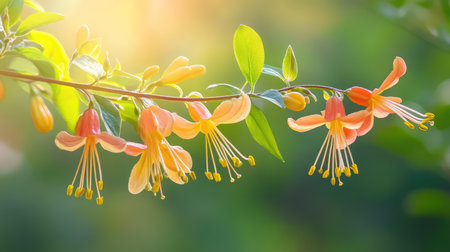 A stunning close-up view of delicate honeysuckle flowers showcasing their vibrant colors and intricate details, illuminated by soft sunlight.の素材