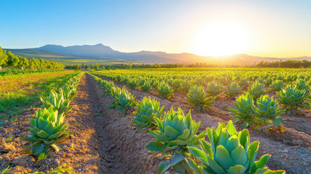A breathtaking view of lush green agricultural fields at sunrise, with vibrant plants thriving under the warm sunlight, set against majestic mountains in the background.の素材