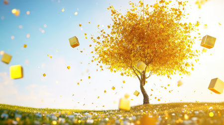 A striking tree with golden leaves stands against a bright sky, surrounded by floating cubes, creating a whimsical and imaginative scene.の素材