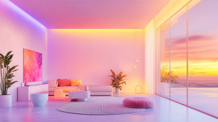 This image features a modern living room bathed in colorful lighting, showcasing sleek furniture and a stunning sunset view through glass walls.の素材