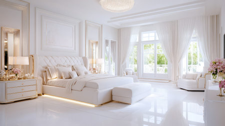 Bright and elegant bedroom showcasing luxurious design and decor, featuring soft textures, stylish furnishings, and a serene atmosphere. Ideal for inspiration.の素材
