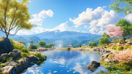 Discover a breathtaking landscape featuring Mount Fuji, surrounded by lush greenery and colorful cherry blossoms, reflecting on tranquil waters under a blue sky.の素材