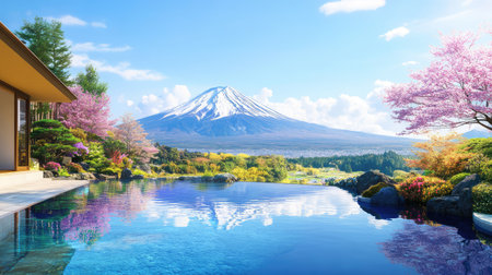 This stunning image captures the breathtaking view of Mount Fuji, framed by cherry blossoms in full bloom, with a tranquil pool reflecting the vibrant colors of nature. Perfect for conveying serenity and beauty in travel or relaxation themes.の素材