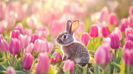 A charming rabbit sits peacefully among vibrant pink tulips, highlighting the beauty of spring. A colorful Easter egg rests nearby, creating a joyful scene.の素材