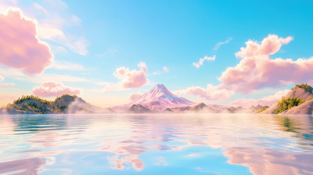 A tranquil mountain landscape featuring vibrant clouds reflecting over calm waters at sunrise. The serene atmosphere invites relaxation and exploration.の素材